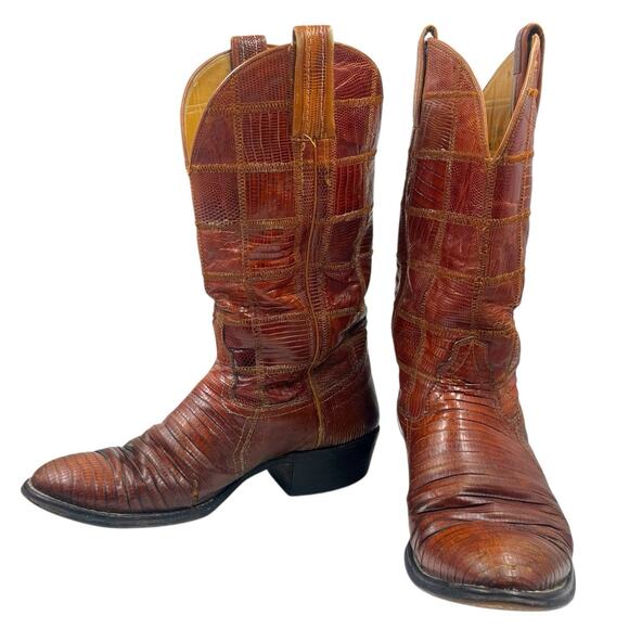 VINTAGE MENS HONDO EXOTIC LIZARD PATCHWORK COWBOY BOOTS 8 D *SOME WEAR - Picture 1 of 12
